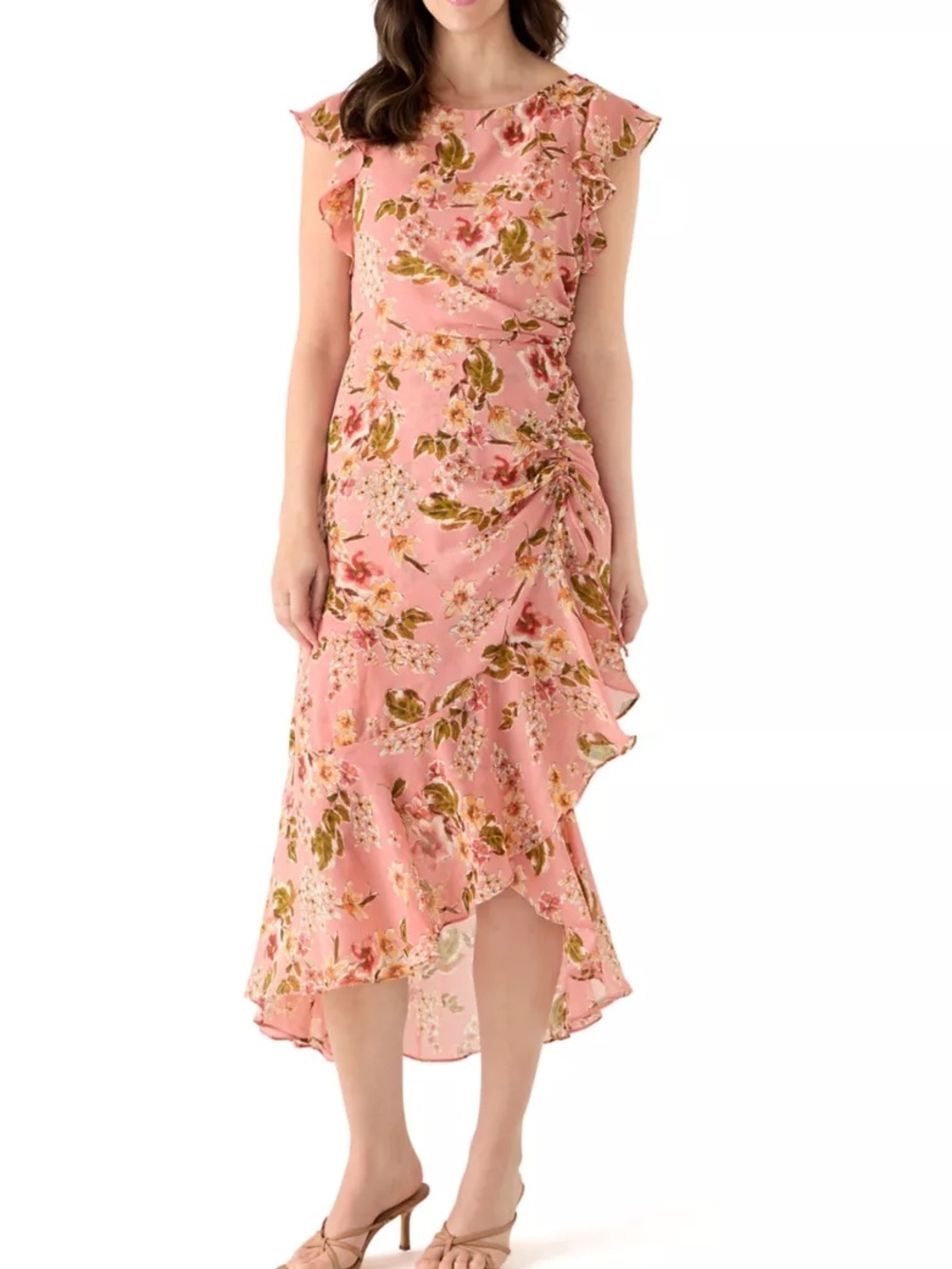 julia jordan Pink Floral Asymmetrical Ruffle Midi Dress